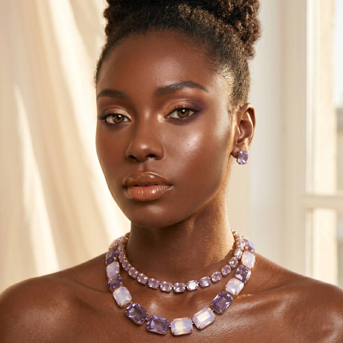 Lavender Emerald Cut Crystal 2 Row Necklace Set