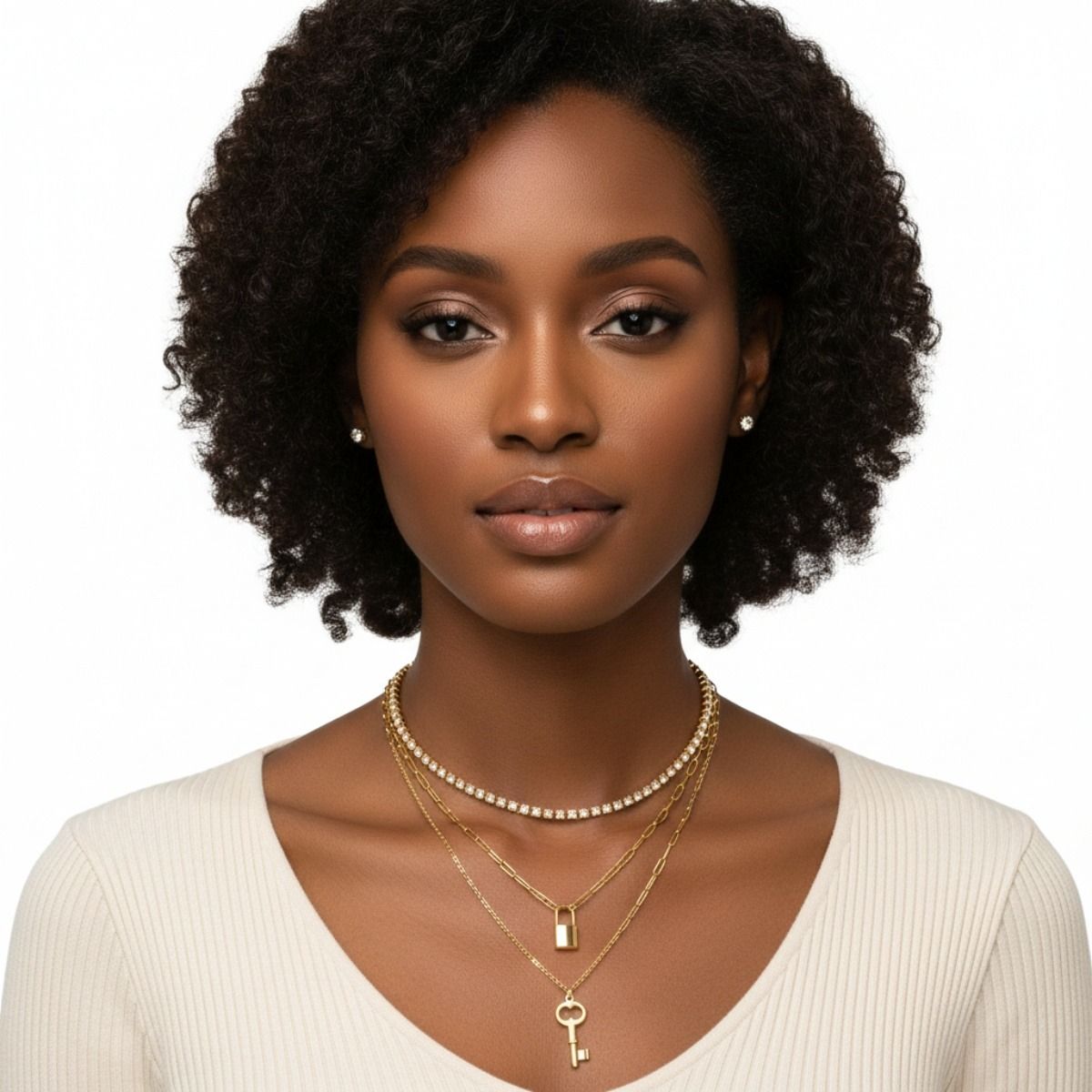 Gold 3 Layer Lock and Key Necklace